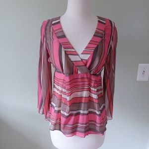 Trina Turk silk pink striped wrap blouse
